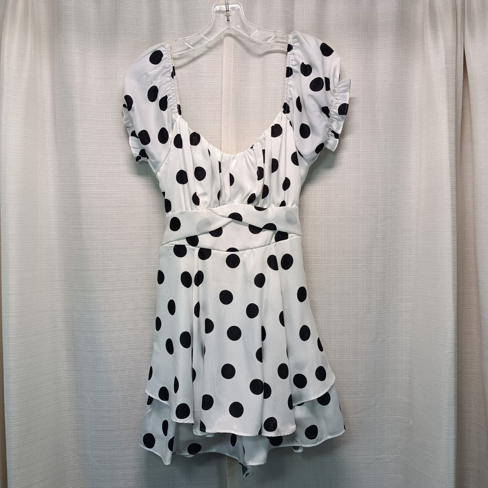 Allison + Kelly White Black Polka Dot Ruffle Sleeve Tie Back Romper Dress Satin‎